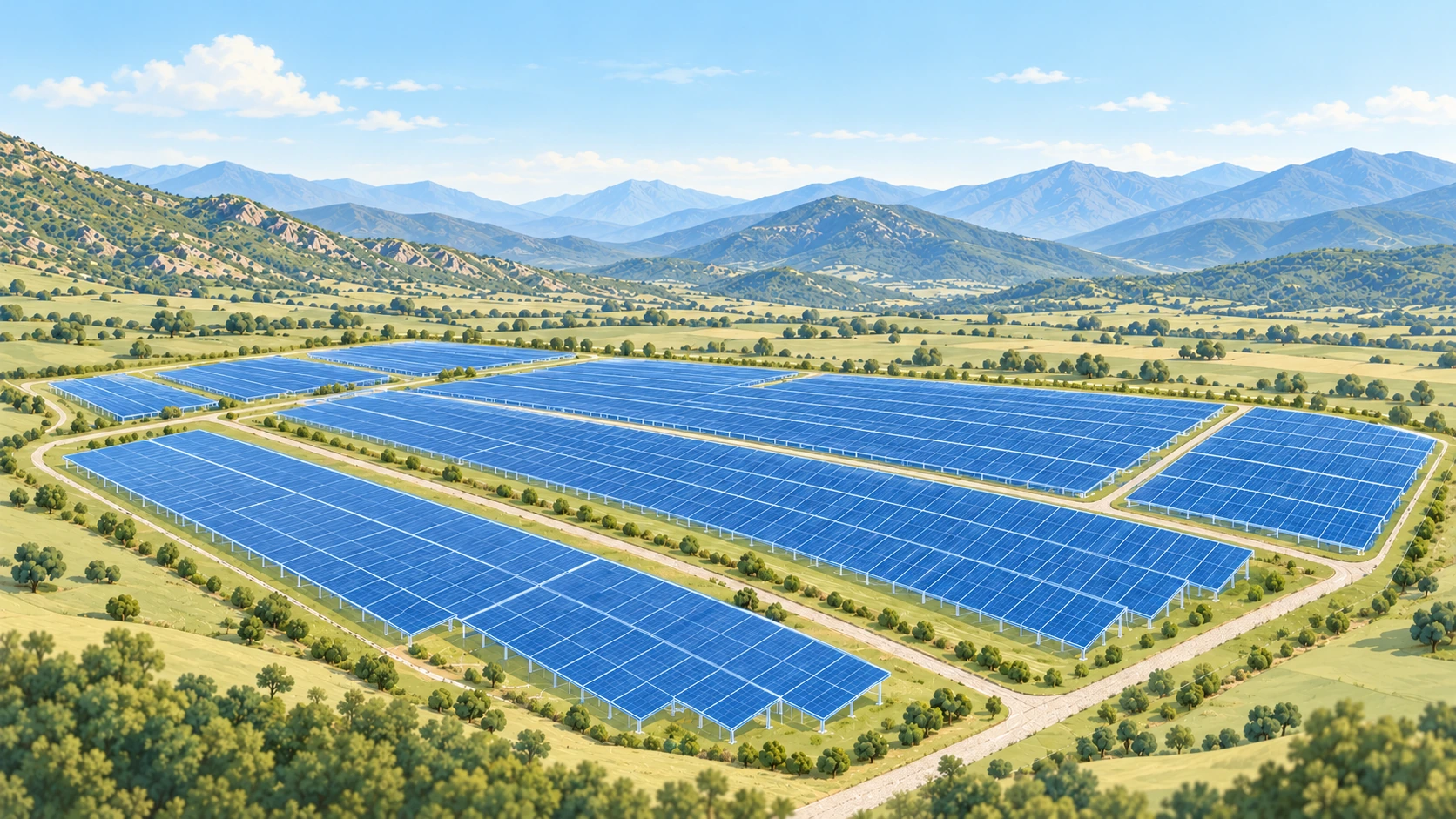 Illustration architecturale conceptuelle de champs solaires prévus dans une vallée verdoyante, avec des panneaux bleus en fil de fer et des collines en arrière-plan.